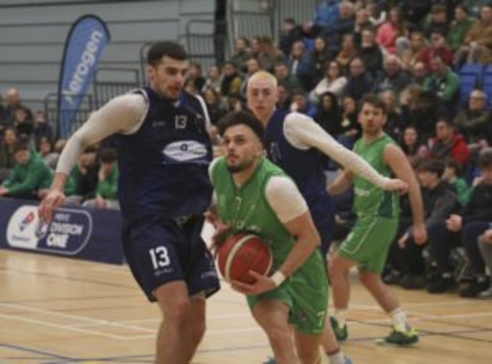 Ivan Basic of Maigh Cuilinn against Maree&rsquo;s Rinor Dragusha and Huw Bevan in action from the Basketball Ireland Dominos National League game at Kingfisher on Saturday. (Photo: Mike Shaughnessy)