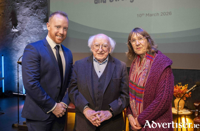 Michael D Higgins, former President of Ireland with COPE Galway CEO Michael Smyth and former CEO Jacquie Horan at the COPE Galway 60 event Photo: Andrew Downes, xposure.