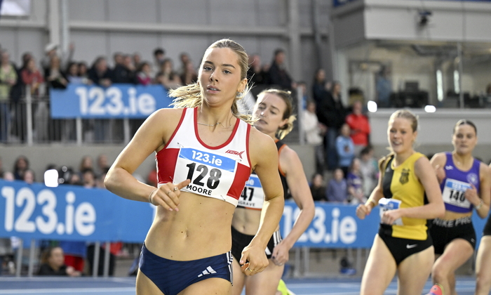 Emma Moore of Galway City Harriers AC competing in the women's 800m during day two of the 123.ie National Senior Indoor Championships at the National Indoor Arena on the Sport Ireland Campus in Dublin. (Photo by Sam Barnes/Sportsfile)