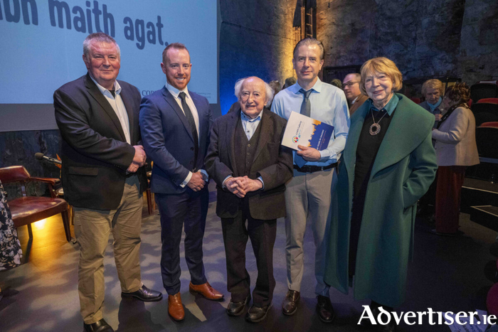 Michael D. Higgins, former President of Ireland and Mrs Sabina Coyne Higgins pictured with (from left) Dr Mike Ryan, Former WHO Deputy Director-General, Michael Smyth, COPE Galway CEO, and Liam Alex Heffron author of COPE Galway's historical publication, 60 Years in Galway.  Photo: Andrew Downes, xposure.