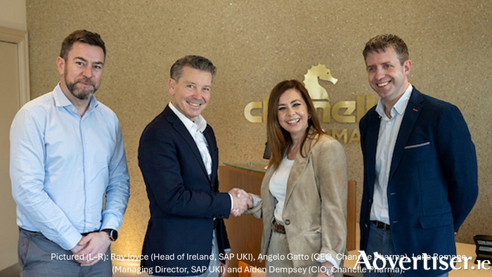 Pictured Ray Joyce, Head of Ireland, SAP UKI, Angelo Gatto, CEO Chanelle Pharma, Leila Romane, Managing Director, SAP UKI and Aiden Dempsey CIO, Chanelle Pharma. 