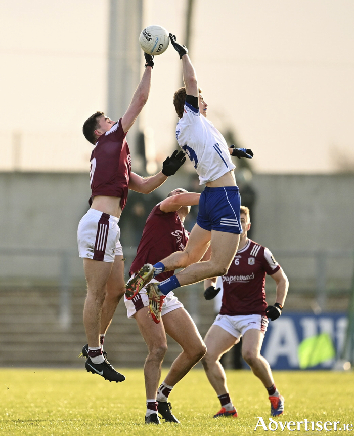 Matthew Tierney of Galway and Karl 
Gallagher of Monaghan during the Allianz Football League Division 1 match between Monaghan and Galway at Grattan Park in Inniskeen, Monaghan. (Photo by Ramsey Cardy/Sportsfile)