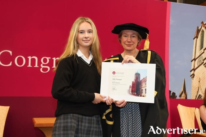 Abby Finnegan from Seamount College, Kinvara, Co Galway, with Professor Becky Whay, Deputy President and Registrar, University of Galway.