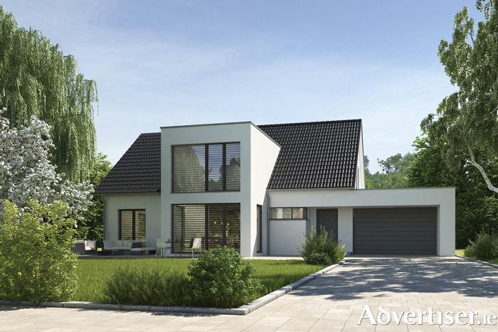 3d rendering of a modern house with a cubic extension and garage