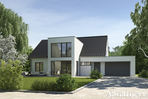 3d rendering of a modern house with a cubic extension and garage