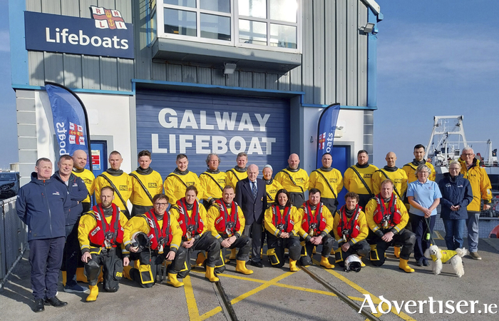 Photo caption:Marking 30 years since Galway RNLI went on station on 27 March 1996 are volunteer crew (standing from left): Frank Hallinan, Peter Navan, Mike Cummins, David McGrath, Eoin Carey, Paddy Hennelly, Brian Niland, Se&aacute;n King, founding member Pat Lavelle, Erin Killeen, Frankie Leonard, Declan Killilea, Shane Austin, Ian Claxton, James Rattigan, Ellen Keady with Bouli, Colette Lavin and Mike Swan. Kneeling from left: Stuart Deane, Leo Branagan, Lisa McDonagh, Eoghan Donohue, Stefanie Carr, M&aacute;irt&iacute;n Folan, Martin Oliver and Pierce Purcell.&nbsp;