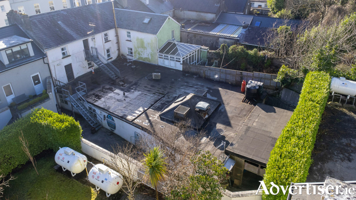 Arial view of the rear of the property. 