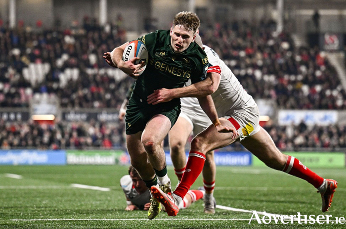 Finn Treacy of Connacht is tackled by Jacob Stockdale of Ulster on his way to scoring his side's fourth try during the United Rugby Championship match between Ulster and Connacht at Affidea Stadium in Belfast. 
(Photo by Seb Daly/Sportsfile)