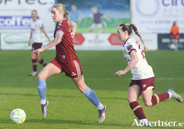 Galway United double goal scorer Ceola Bergin and Kelsey Stephens of Sligo Rovers in action from the SSE Airtricity Women&rsquo;s Premier Division game at Eamonn Deacy Park on Saturday evening. Photo: Mike Shaughnessy