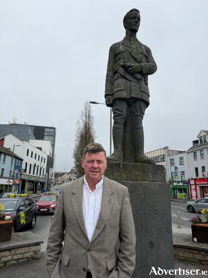 Sinn F&eacute;in by-election candidate Mark Lohan at the Liam Mellows statue in Eyre Square.
