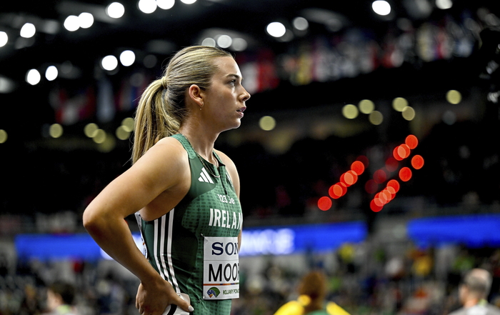 Emma Moore of Ireland after competing in the women's 800m heats during day one of the World Athletics Indoor Championships at Kujawsko-Pomorska Arena in Torun, Poland. (Photo by Sam Barnes/Sportsfile)