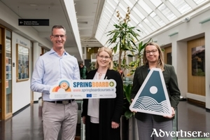 Louis Walsh ATU Springboard Co-ordinator, Professor Jacqueline McCormack VP for EDI &amp; Online &amp; Flexible Learning and Springboard Graduate of the Higher Diploma in Business Analytics Kate Mlynarska - welcome the news of the 2026/27 Springboard+ funded courses. (Photo by Conor Doherty)