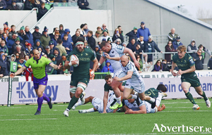 Connacht&rsquo;s Shamus Hurley-Langton, who scored two tries against Ospreys, in action from the BKT United Rugby Championship game at Dexcom Stadium last Saturday. (Photo: Mike Shaughnessy)