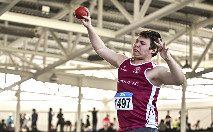 Roman Shevtsov of Athenry AC, Galway, competes in the under 15 boys shot put during day two of the 123.ie National Juvenile Championships at TUS in Athlone, Westmeath. (Photo by Sam Barnes/Sportsfile)