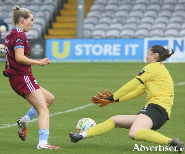 Galway United&rsquo;s Emma Doherty and Peamount United &lsquo;keeper Ciara Glackin in action from the opening game of the 2026 All Island Cup game at Eamonn Deacy Park. (Photo: Mike Shaughnessy)
