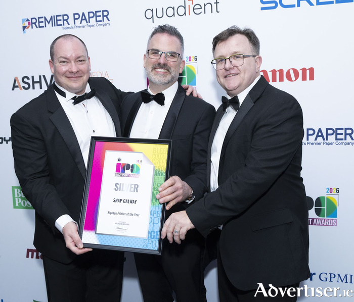 From left: Mike LePage (senior graphic designer, Snap Docklands), Micah Lehmann (account manager, Snap Galway), and Jason Campbell (general manager, Snap Ireland), pictured at the Irish Print Awards 2026.