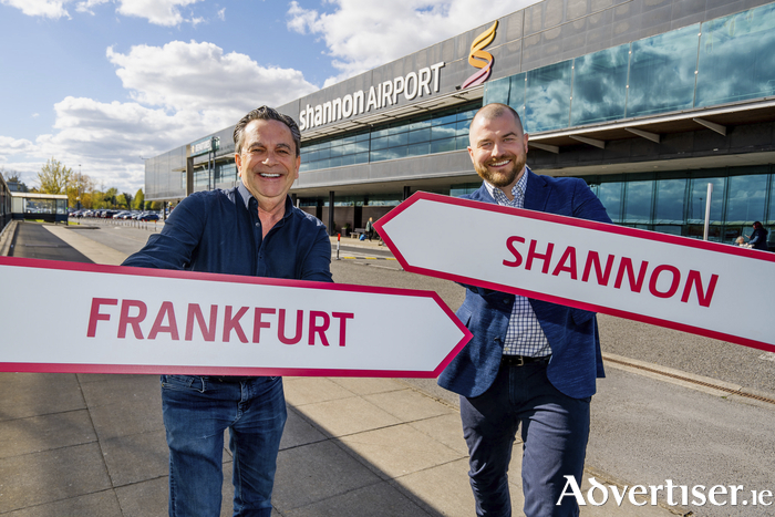 Declan Power (left), head of aviation development and Niall Kearns, airport director, Shannon Airport celebrate the start of the new Discover Airlines Shannon to Frankfurt route which takes off on Saturday April 25.