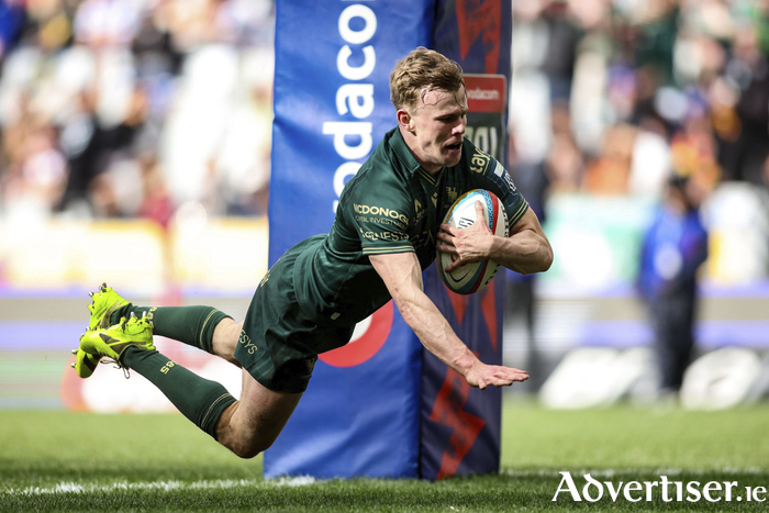 Ben Murphy of Connacht dives over to score Connacht's fourth try during the United Rugby Championship match between DHL Stormers and Connacht at DHL Stadium in Cape Town, South Africa. (Photo by Shaun Roy/Sportsfile)