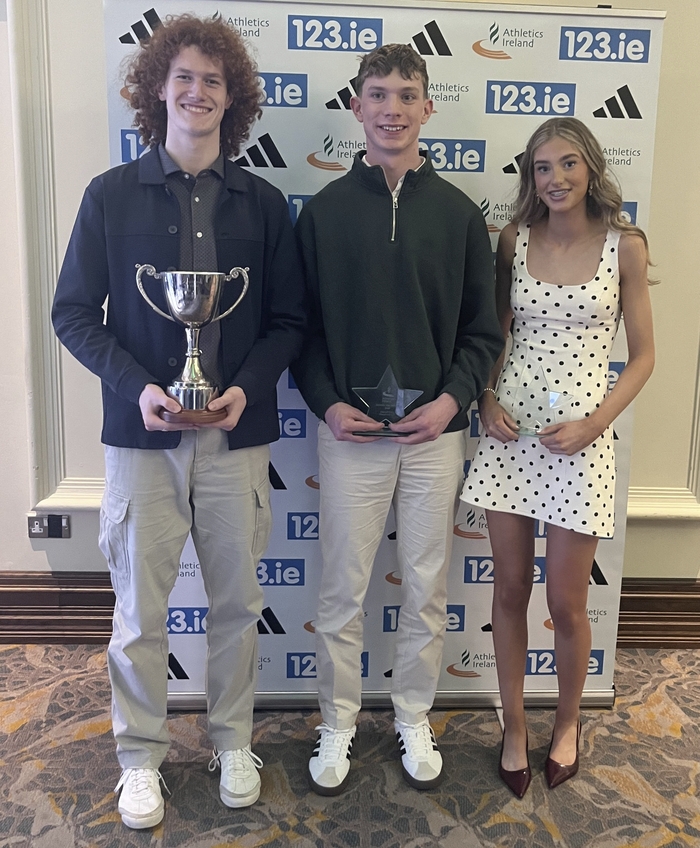 National Juvenile Award winners, Conor Penney and Darragh Kelly of Craughwell, along with Emily Clyne of Reeside AC (High Jump awardees).