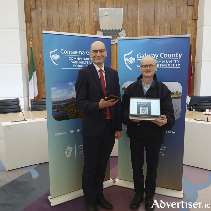 Michael Owens, Director of Services with Galway County Council, and LCSP Vice Chair Aod&aacute;n McDonogh launching the online Community Safety Plan survey. Credit Galway County Council.