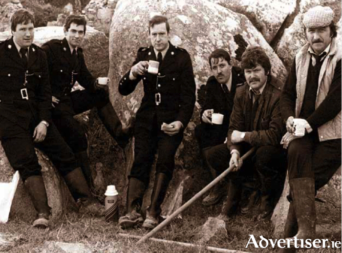 Lunch time in Connemara. Garda Michael Heanue, Garda Kieran Ruane, Sergeant Joe Boyce, Garda Colm Kavanagh, Garda Ray Lyons and Garda Tony Mitchell (RIP). Photo source: Connacht Tribune.