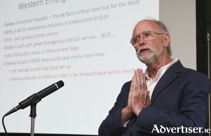 Dr. Eamonn O&rsquo;Donoghue speaking at the information event in Claregalway Castle on Friday, hosted by the Galway Aviation & Innovation Advocacy Group. Photo: Mike Shaughnessy