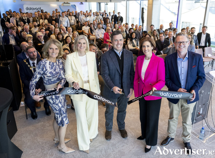 Pictured at the opening are Mary Buckley, Executive Director, IDA Ireland Deirdre Giblin VP of Global Technology Operations and Site Lead for Datavant Ireland , Datavant CEO Kyle Armbrester, Minister for Education and Youth Hildegarde Naughton and Ciaran O'Toole as vice president of engineering Datavant at the official opening. Photo:Andrew Downes, xposure.