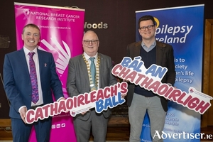 The Cathaoirleach of Galway County Council, Cllr David Collins pictured at the launch of the 2026 Cathaoirleach&rsquo;s Ball with (L-R) Patrick Casey of National Breast Cancer Research Institute and Cian Dikker of Epilepsy Ireland. Credit Murtography.