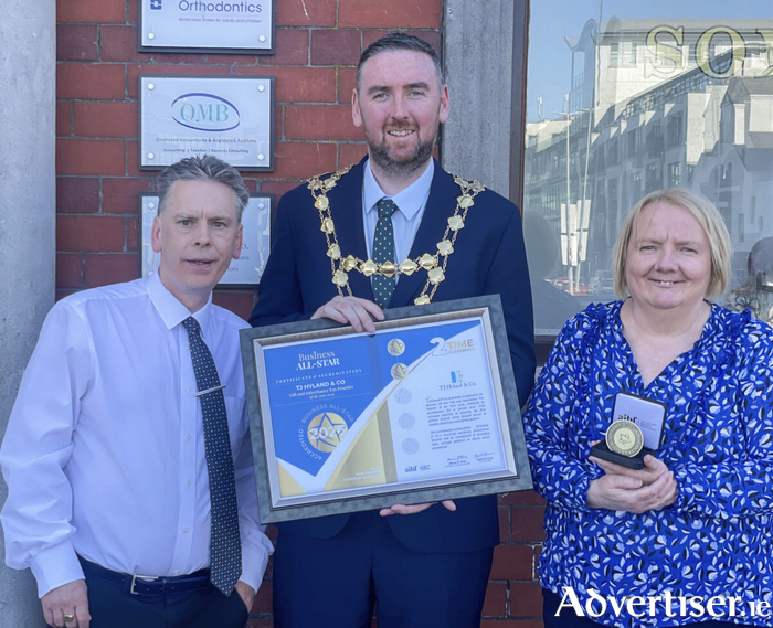 Mark Hyland (owner), Mayor Mike Cubbard and Deirdre O&rsquo;Flaherty (office manager) of TJ Hyland & Co, pictured at the presentation of an award for excellence in Inheritance and Gift Tax for Accountants and Tax Consultants. The honour is awarded by the AIBF.