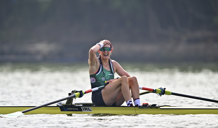 Fiona Murtagh celebrates after winning Gold in the Women's Single Sculls final during the 2025 World Rowing Championships at the Shanghai Water Sports Centre. (Photo by Benedict Tufnell/Sportsfile)