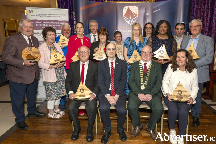 Pictured at the Cathaoirleach&rsquo;s Awards 2026 are Jarlath McDonagh; Anne Casey Donohue (Club Pop Up Gaeltacht); Peter Martin (Portumna Tidy Towns); Melissa Hogan (Eyrecourt and District Community Development Co. Ltd.), John Tarpey; Mary O&rsquo;Neill (Tuam Women&rsquo;s Shed), Trisha Delaney; Marie Ruane (Belmont N.S.); Paula Gallagher (St Colman&rsquo;s Camogie Club), Blessing Oguekwe (Make a Difference Youth Club); Brian Healy (Environmental and Climate Award); Brend&aacute;n &Oacute; Lainsigh (Ballinderreen Community Centre); and seated, Brendan Smith (Fionn Primary School Science Project); Michael Owens (Director of Services, Galway County Council), Cllr David Collins (Cathaoirleach), and Margaret McNulty (Oranmore Tidy Towns). Photo: Murtography.