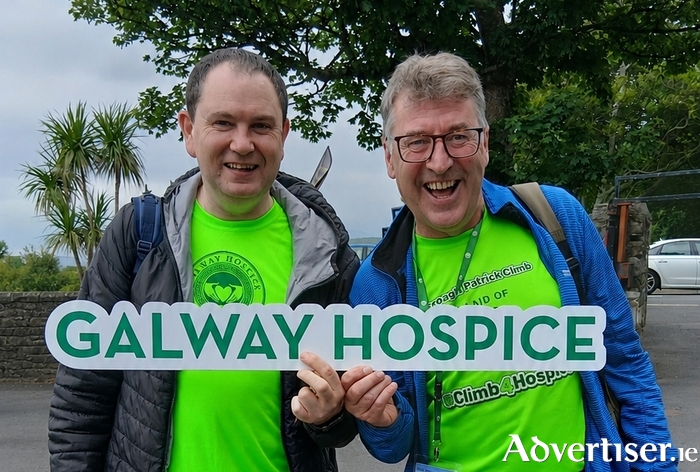 Peter Joyce, Galway Hospice Pastoral Care, and Joe Costello, Galway Hospice Volunteer, taking part in the annual Croagh Patrick Climb for Galway Hospice. Join the climb on Saturday 20th June at galwayhospice.ie/climb or call 091-770868.