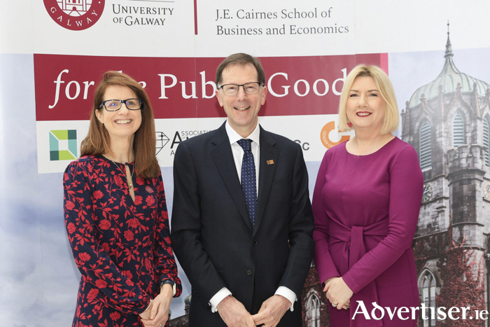 From left, Dr Majella Giblin, Associate Head of External Engagement and Alumni Relations, J.E. Cairnes School of Business and Economics; Professor David Burn, President of University of Galway; Professor Alma McCarthy, Executive Dean of the College of Business, Public Policy and Law, University of Galway.