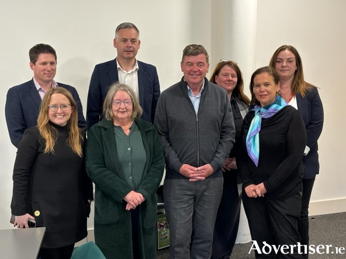 Mary Lou McDonald, Mair&eacute;ad Farrell, Pearse Doherty, Matt Carthy and Sinn F&eacute;in candidate Mark Lohan at the meeting with DVRs.