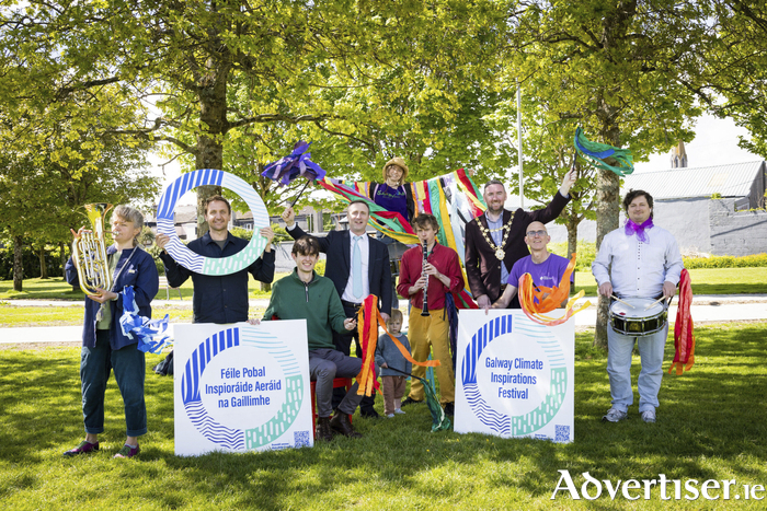 Left to right: Marta Barcikowska (Route 424 Brass Band), Tiarnan McCusker, Evan Carney, CE Leonard Cleary, Rachel Smith (standing in the background - from Samba Wave), Samuel McConnon (Child), Conor McConnon (Route 424 Brass Band), Mayor Mike Cubbard, Donncha Foley (Development Manager in Galway Volunteer Centre) and Ilia Korzun (Route 424 Brass Band). 
Photo: Anita Murphy