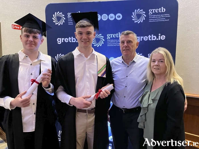 Adam Deely (Carpentry) and Gavin Deely (Electrical), from Gort, pictured with their parents, Gerard and Helen Deely, who attended the GRETB Apprenticeship Graduation Ceremony in The Salthill Hotel on Thursday, May 14.