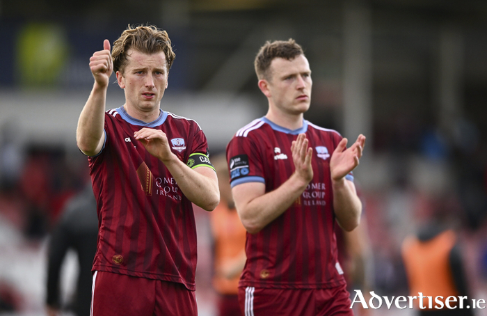 David Hurley and Killian Brouder acknowledge supporters after the Premier Division match against Derry City at Find Insurance Celtic Park. (Photo by Shauna Clinton/Sportsfile)