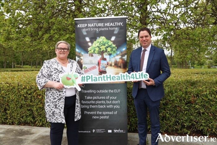Minister for Agriculture, Food and the Marine Martin Heydon and Ireland&rsquo;s Chief Plant Health Officer, Louise Byrne at the Backweston Laboratory Campus, Co Kildare for the launch of the 2026 #PlantHealth4Life campaign. Photo: Maxwell Photography.