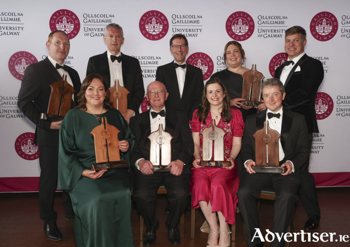 Pictured are University of Galway&rsquo;s 2026 Alumni Awardees. Back row, l-r: Michael Lohan, Alumni Award for Business and Commerce; Professor James Meaney, Alumni Award for Medicine, Nursing and Health Sciences; Professor David Burn, University of Galway President; and Ruth Mackey and David Mackey, Alumni Award for Emerging Leader. Front row, l-r: Deirdre N&iacute; Choist&iacute;n, Gradam Alumni don Ghaeilge; Professor Fran O&rsquo;Rourke, Alumni Award for Arts, Literature and Celtic Studies; Katie Mannion, Alumni Award for Law, Public Policy and Society; and Professor Patrick Farrell, Alumni Award for Engineering, Science and Technology. Not pictured is Fiona Murtagh, Alumni Award for Contribution to Sport. Credit &ndash; Aengus McMahon.
