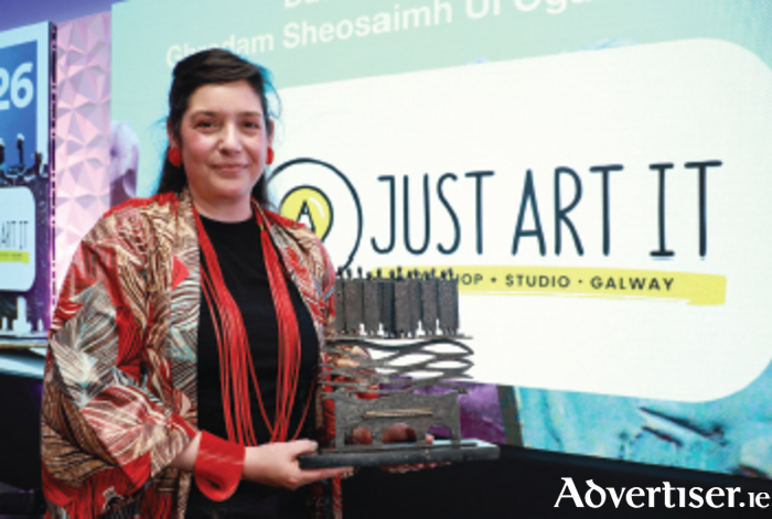 Elena Santos of Just Art It, overall winner of Gradam Sheosaimh U&iacute; &Oacute;gartaigh 2026, following the awards ceremony at the Galway Bay Hotel. Photo: Se&aacute;n Lydon.