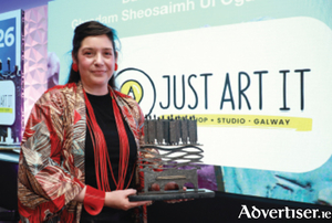 Elena Santos of Just Art It, overall winner of Gradam Sheosaimh U&iacute; &Oacute;gartaigh 2026, following the awards ceremony at the Galway Bay Hotel. Photo: Se&aacute;n Lydon.