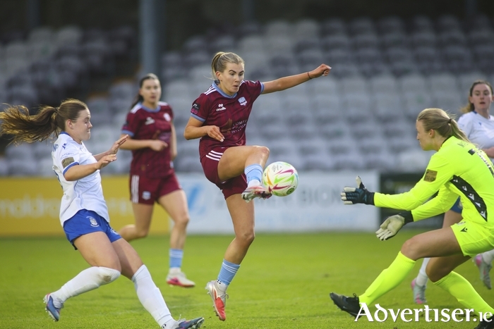 Emma Doherty is denied a goal by Athlone Town FC &lsquo;keeper Courtney Maguire in the SSE Airtricity Women&rsquo;s Premier Division game at Eamonn Deacy Park. (Photo: Mike Shaughnessy)