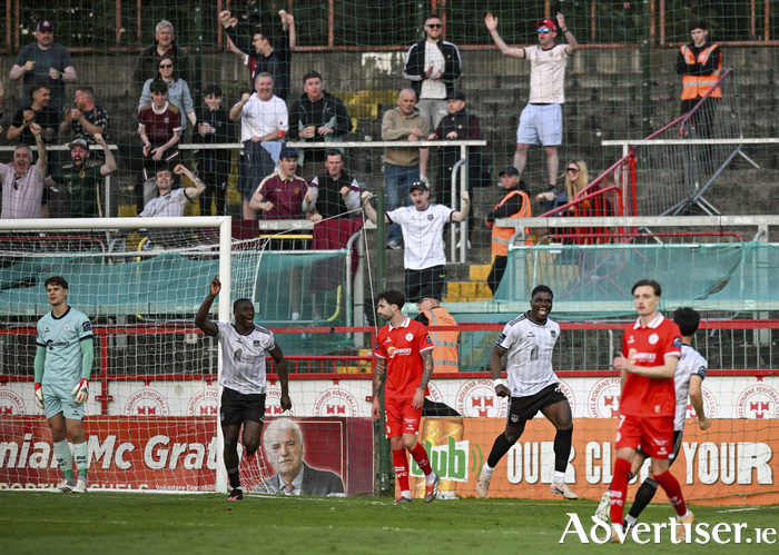 Frantz Pierrot celebrates after scoring the equaliser against Shelbourne at Tolka Park. (Photo by David Fitzgerald/Sportsfile)