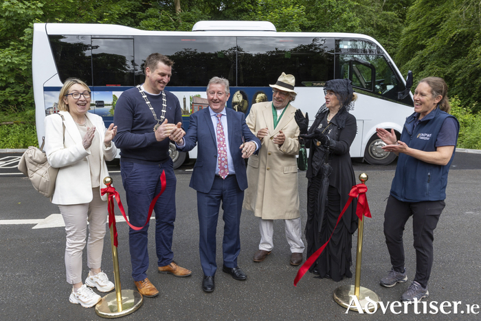 The Yeats-Gregory Explorer shuttle bus was officially launched by Minister Se&aacute;n Canney, pictured here, with Director Catr&iacute;ona Ryan and Regional Manager Rebecca Teesdale of the National Parks and Wildlife Service, Councillor Paul Killilea, and Gerry Connolly and Marian Cahill-Collins of the The Wild Swan Theatre Group who played W.B Yeats and Lady Gregory. Photo: Natasha Barton.