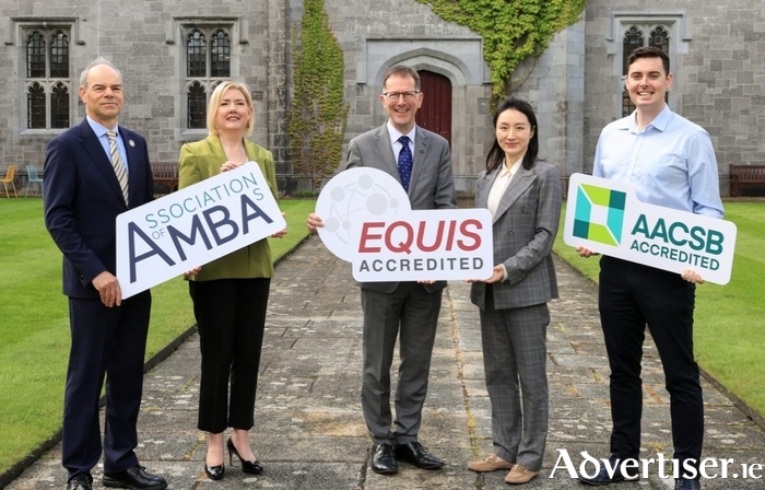 From left, Professor Jonathan Levie, former Interim Dean of J.E. Cairnes School of Business and Economics; Professor Alma McCarthy, Executive Dean of the College of Business, Public Policy and Law; Professor David Burn, President of University of Galway; Professor Karena Yan, Dean of J.E. Cairnes School of Business and Economics; and Adrian Larkin, Marketing and Recruitment Manager at J.E. Cairnes School of Business and Economics. Credit: Martina Regan.