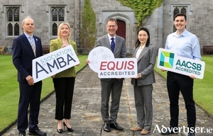 From left, Professor Jonathan Levie, former Interim Dean of J.E. Cairnes School of Business and Economics; Professor Alma McCarthy, Executive Dean of the College of Business, Public Policy and Law; Professor David Burn, President of University of Galway; Professor Karena Yan, Dean of J.E. Cairnes School of Business and Economics; and Adrian Larkin, Marketing and Recruitment Manager at J.E. Cairnes School of Business and Economics. Credit: Martina Regan.