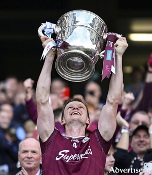 Galway captain Darren Morrissey lifts the Bob OKeeffe Cup after the Leinster GAA Senior Hurling Championship final match between Galway and Dublin at Croke Park in Dublin. Photo by Ramsey Cardy/Sportsfile