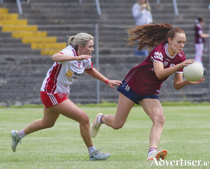 Olivia Divilly and Jayne Hearty in action from the TG4 All-Ireland Senior Ladies Football Championship Round 2 game at Tuam Stadium. (Photo: Mike Shaughnessy)