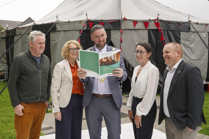 &lsquo;Grow the Show&rsquo; Report launch attendees (left to right): John Crumlish, CEO, Galway International Arts Festival; Fran Keaveney, Cultural and Creative Skillnet; Cllr Mike Cubbard; Denise Rocks, Regional Skills West; and Ruair&iacute; Lehmann, Tourism Officer, Galway City Council. 
Photo: Boyd Challenger.