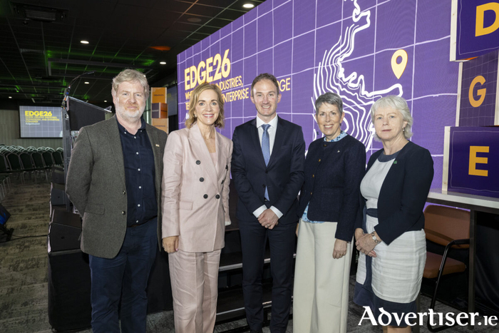 Pictured at the EDGE26 Creative Economy Summit hosted by CREW held at Dexcom Stadium, Galway recently are (l-r): Dr Paddy Tobin, CREW chairperson and Atlantic Technological University; Niamh Costello, chief executive officer, CREW; Minister Alan Dillon, Department of Trade, Enterprise & Employment; Orla Flynn, president Atlantic Technological University and lead patron, EDGE26; and Anne Lanigan, divisional manager for technology and services, Enterprise Ireland. Photo: Andrew Downes, Xposure